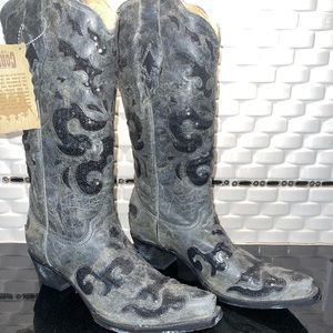 CORRAL BOOTS CHARCOAL LEATHER WITH BLACK SEQUINS